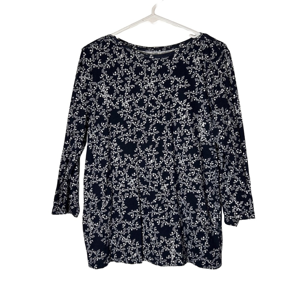 St Johns Bay Womens Navy Blue White Floral Long Sleeve Cotton‎ T-Shirt Tunic L